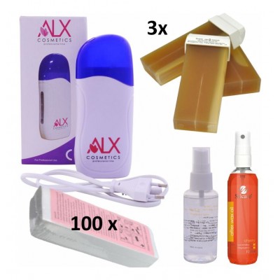 Πακέτο Αποτρίχωσης ALX με συσκευή, 3 Ρολέτες, 100 ταινίες, λάδι αποτρίχωσης και pre wax spray